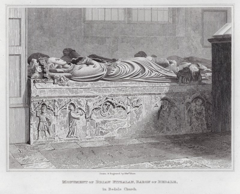Monument över Brian Fitzalan, baron av Bedale, i Bedale Church (gravyr) av Edward Blore