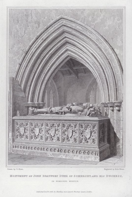 Monument över John Beaufort hertig av Somerset och hans hertiginna i Wimborne Minster (gravyr) av Edward Blore