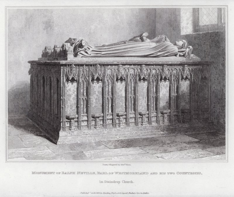 Monument över Ralph Neville, Earl of Westmoreland och hans två grevinnor, i Staindrop Church (gravyr) av Edward Blore