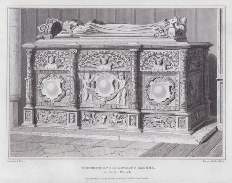 Monument över Sir Anthony Browne, i Battle Church (gravyr) av Edward Blore