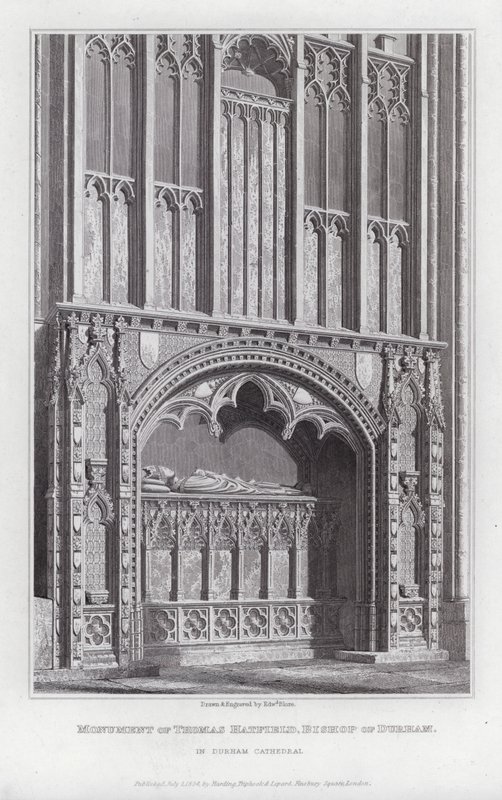 Monument över Thomas Hatfield, biskop av Durham, i Durham Cathedral (gravyr) av Edward Blore