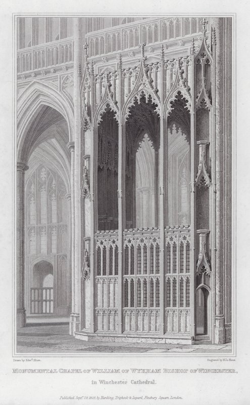 Monumentala kapell av William av Wykham biskop av Winchester, i Winchester Cathedral (gravyr) av Edward Blore