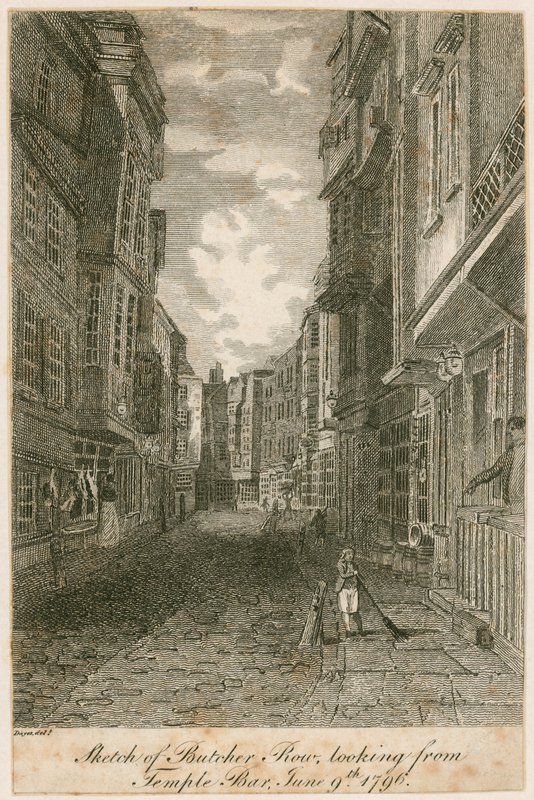 Skiss av Butcher Row, från Temple Bar, 9 juni 1796 av Edward Dayes
