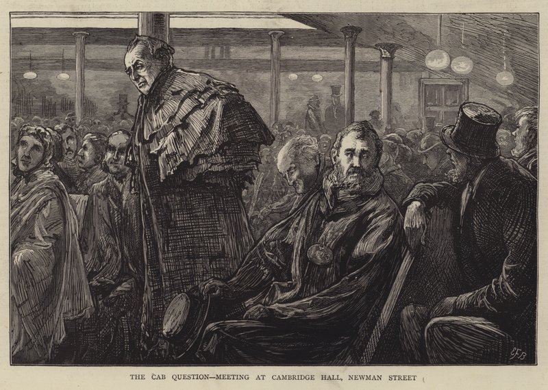 Taxifrågan, möte i Cambridge Hall, Newman Street av Edward Frederick Brewtnall
