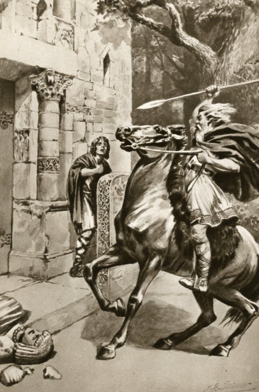 Översteprästen Coifi rider uppför Goodmanham Lane för att krossa idolerna, illustration från "Little Treasure Island" av Arthur Mee