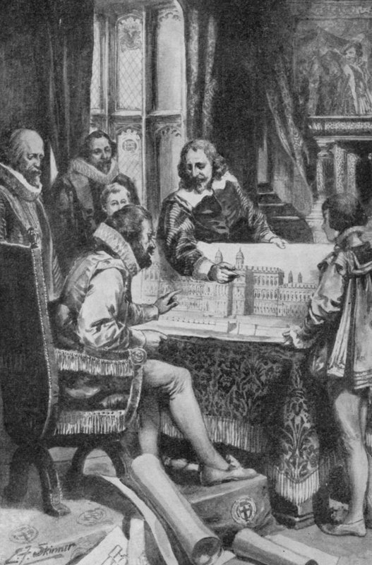 Inigo Jones visar sina planer på att återuppbygga Whitehall för kung James I (litografi) av Edward Frederick Skinner