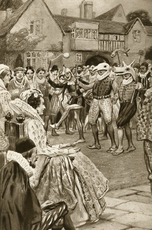 Drottning Ellizabeth I underhålls av gycklare (litografi) av Edward Frederick Skinner