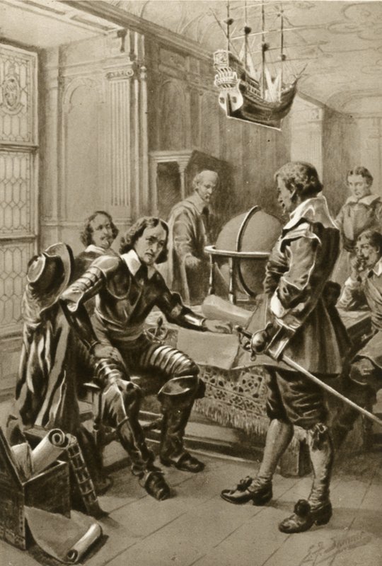 Robert Blake besöker Oliver Cromwell i rådssalen i Whitehall (litografi) av Edward Frederick Skinner