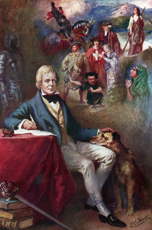 Sir Walter Scott och några av hans mest kända verk (färglitografi) av Edward Frederick Skinner