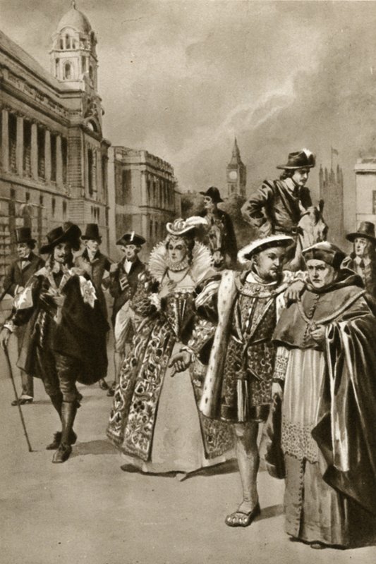 Londons gator: Kung Charles I, drottning Elizabeth I, kung Henry VIII, kardinal Wolsey (litografi) av Edward Frederick Skinner