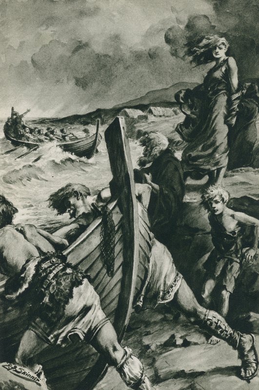 Vikingarna som seglade ut från Norges fjordar och hittade Amerika långt före Columbus (litografi) av Edward Frederick Skinner