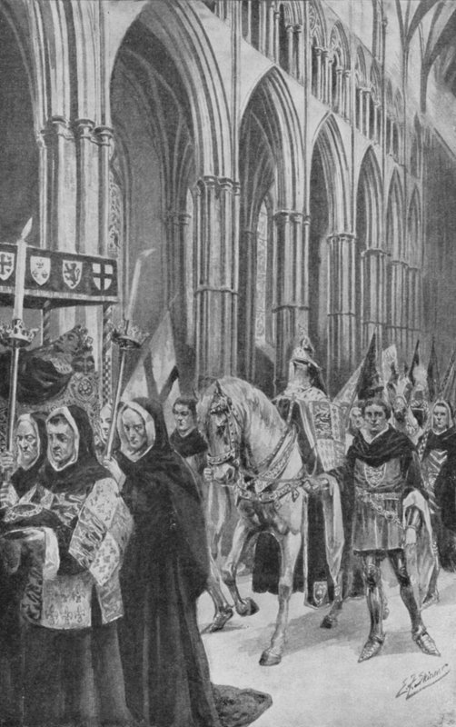 Kung Henrik V:s hästar följer hans kista upp genom långhuset (litografi) av Edward Frederick Skinner