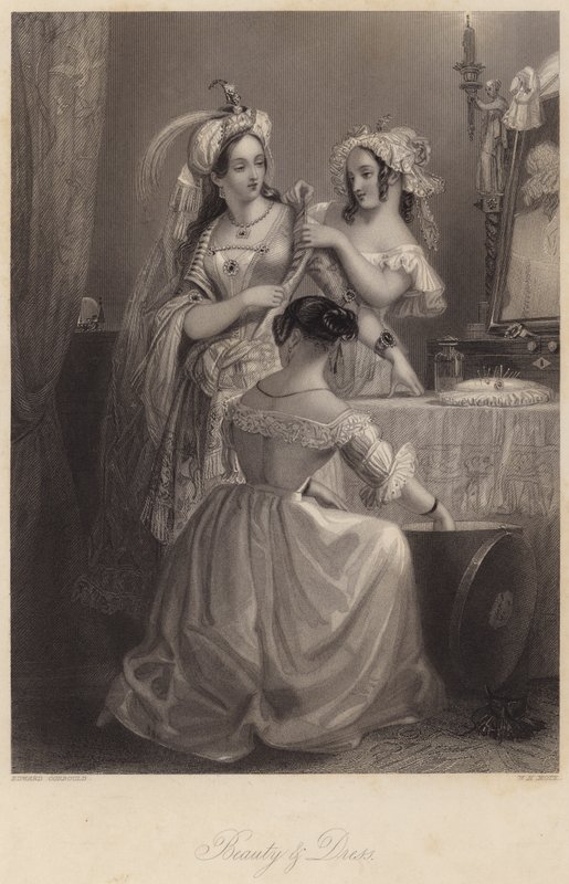 Skönhet och klänning (gravyr) av Edward Henry (after) Corbould