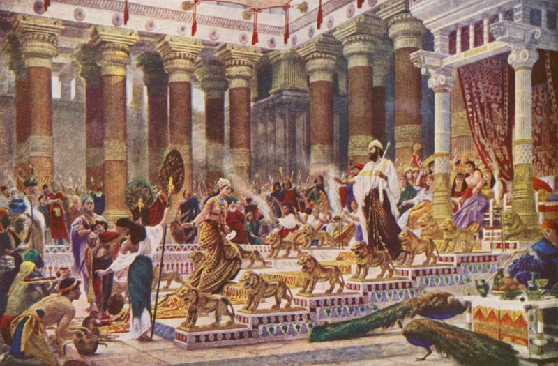 Drottningen av Sabas besök hos kung Salomo (färglitografi) av Edward John (after) Poynter