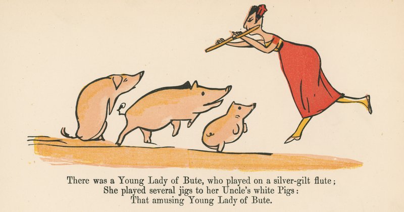 Det fanns en Young Lady of Bute, som spelade på en flöjt av silverguld, från "A Book of Nonsense", utgiven av Frederick Warne and Co. i London, omkring 1875. av Edward Lear