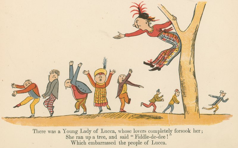 Det fanns en ung dam i Lucca, vars älskare övergav henne helt och hållet, ur "A Book of Nonsense", utgiven av Frederick Warne and Co. i London, ca 1875. av Edward Lear