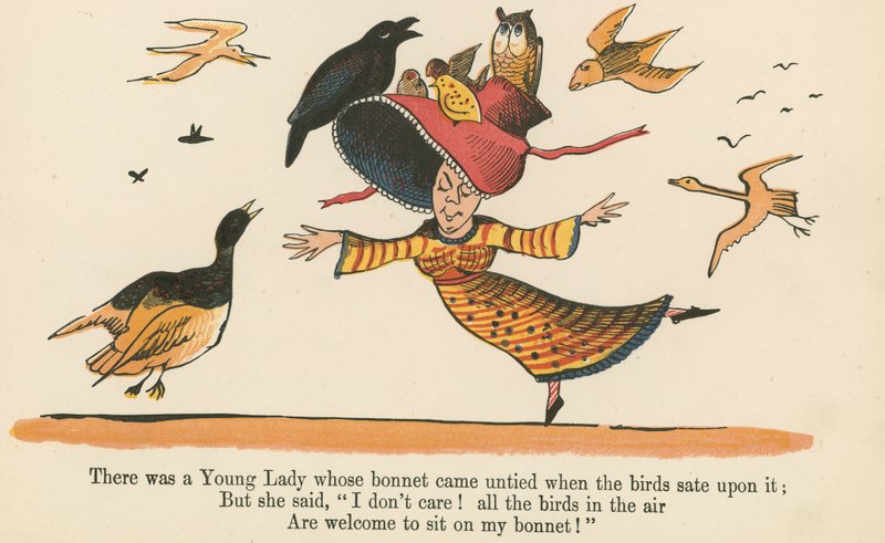 Det fanns en ung dam vars huva lossades när fåglarna satt på den, från "A Book of Nonsense", utgiven av Frederick Warne and Co., London, ca 1875 av Edward Lear