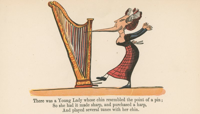 Det fanns en ung dam vars haka liknade spetsen på en nål, från "A Book of Nonsense", utgiven av Frederick Warne and Co., London, ca 1875 av Edward Lear