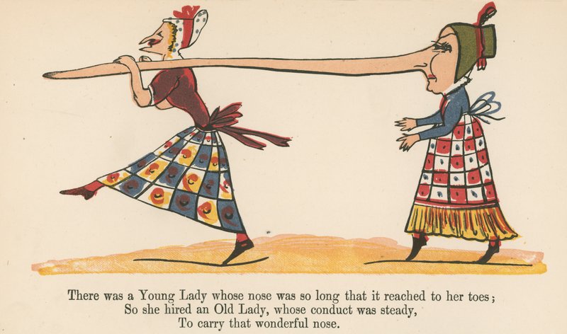 Det fanns en ung dam vars näsa var så lång att den nådde till tårna, från "A Book of Nonsense", utgiven av Frederick Warne and Co., London, ca 1875 av Edward Lear