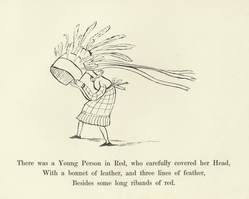 Det fanns en rödklädd ung person som noggrant täckte sitt huvud. av Edward Lear