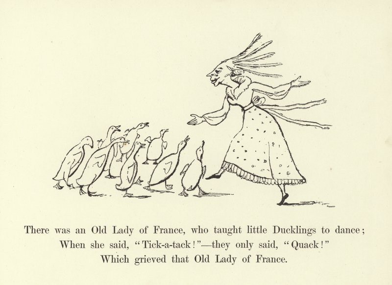 Det fanns en gammal dam i Frankrike som lärde små ankungar att dansa. av Edward Lear