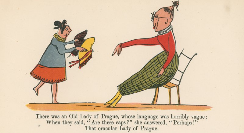 Det fanns en gammal dam i Prag, vars språk var fruktansvärt vagt, ur "A Book of Nonsense", utgiven av Frederick Warne and Co. i London, ca 1875. av Edward Lear
