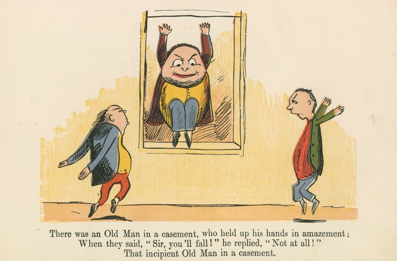 Det fanns en gammal man i en båge, som höll upp händerna i förvåning, från "A Book of Nonsense", utgiven av Frederick Warne and Co., London, ca 1875 av Edward Lear