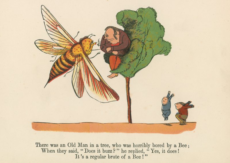 Det fanns en gammal man i ett träd som blev fruktansvärt uttråkad av ett bi, ur "A Book of Nonsense", utgiven av Frederick Warne and Co. i London, ca 1875. av Edward Lear