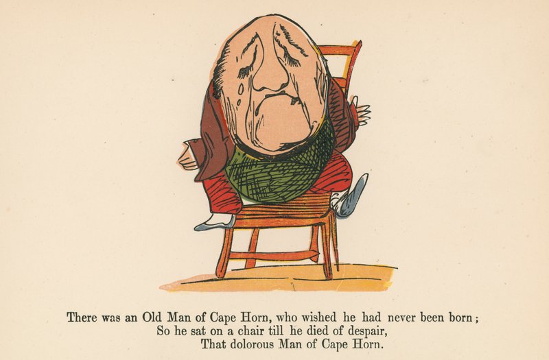 Det fanns en gammal man från Kap Horn, som önskade att han aldrig hade fötts, från "A Book of Nonsense", utgiven av Frederick Warne and Co., London, ca 1875 av Edward Lear