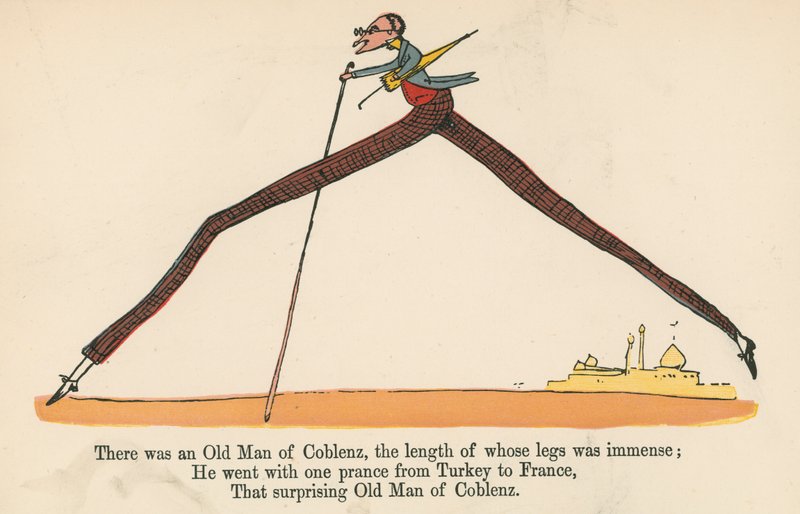 Det fanns en gammal man från Coblenz, vars ben var enorma långa, från "A Book of Nonsense", utgiven av Frederick Warne and Co., London, ca 1875 av Edward Lear