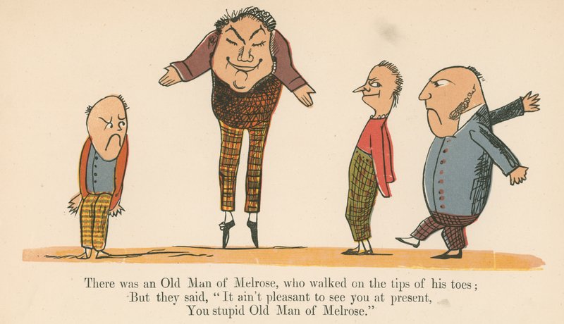Det var en gammal man från Melrose, som gick på tåspetsarna, från "A Book of Nonsense", utgiven av Frederick Warne and Co., London, ca 1875 av Edward Lear