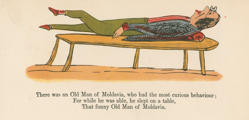 Det var en gammal man från Moldavien, som hade det mest märkliga beteendet, från "A Book of Nonsense", utgiven av Frederick Warne and Co., London, ca 1875 av Edward Lear