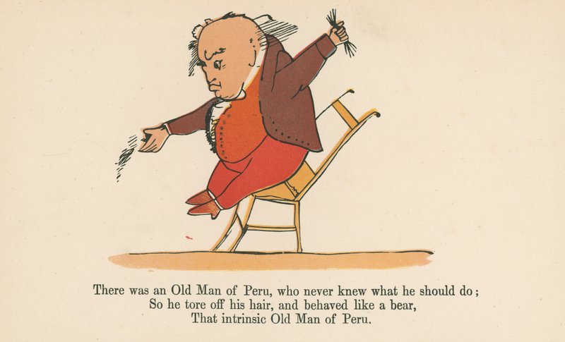 Det fanns en gammal man från Peru, som aldrig visste vad han skulle göra, från "A Book of Nonsense", utgiven av Frederick Warne and Co., London, ca 1875 av Edward Lear