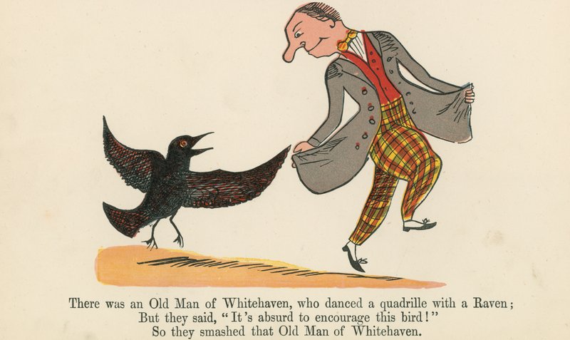 Det fanns en gammal man i Whitehaven som dansade en quadrille med en korp, ur "A Book of Nonsense", utgiven av Frederick Warne and Co. i London, ca 1875. av Edward Lear