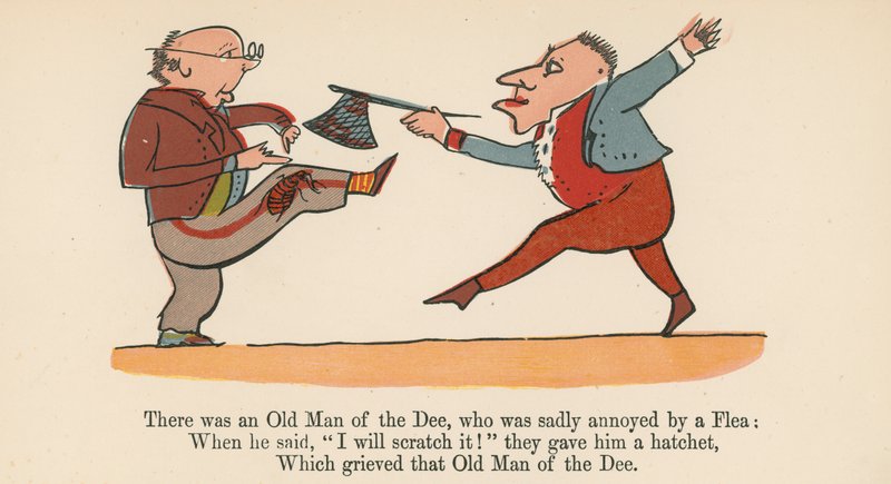 Det var en Old Man of the Dee, som tyvärr blev irriterad på en loppa, från "A Book of Nonsense", utgiven av Frederick Warne and Co., London, ca 1875 av Edward Lear