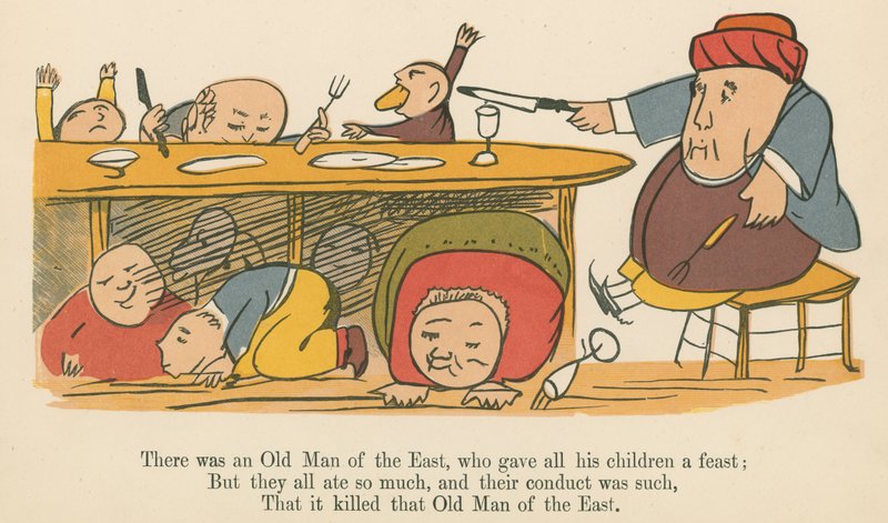 Det var en gammal man från öst, som gav alla sina barn en fest, från "A Book of Nonsense", utgiven av Frederick Warne and Co., London, ca 1875 av Edward Lear