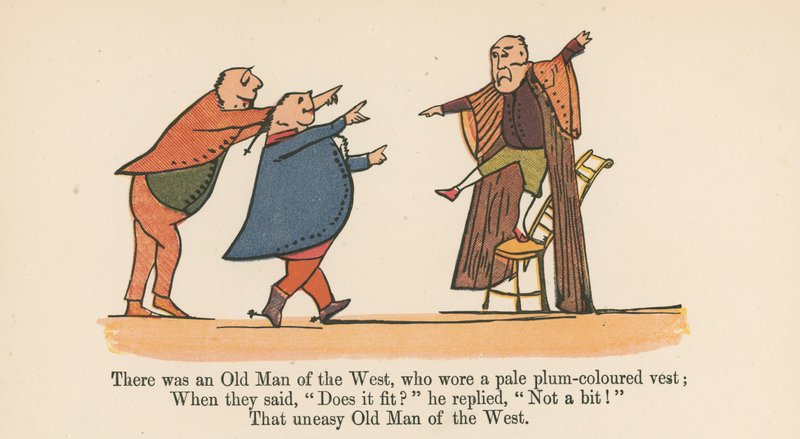 Det fanns en Old Man of the West, som bar en blek plommonfärgad väst, från "A Book of Nonsense", utgiven av Frederick Warne and Co. i London, omkring 1875. av Edward Lear