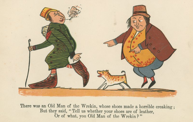 Det var en Old Man of the Wrecking, vars skor gjorde ett fruktansvärt gnisslande, från "A Book of Nonsense", utgiven av Frederick Warne and Co., London, ca 1875 av Edward Lear