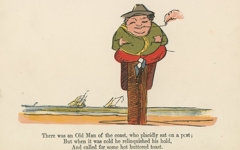 Det var en gammal man från kusten, som lugnt satt på en stolpe, från "A Book of Nonsense", utgiven av Frederick Warne and Co., London, ca 1875 av Edward Lear