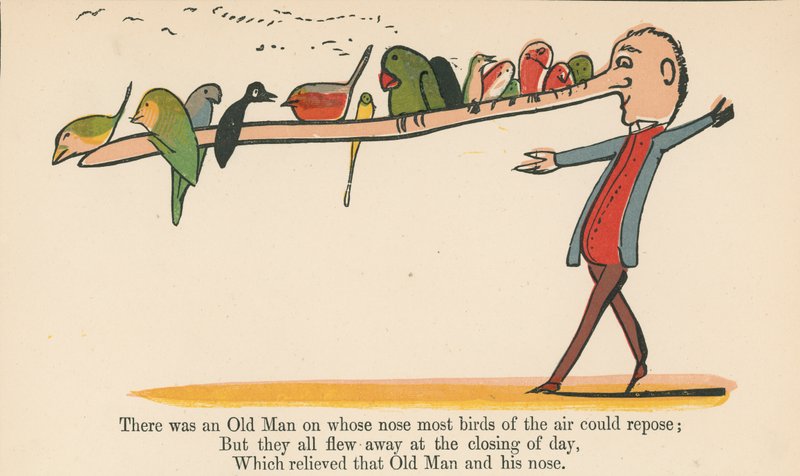 Det fanns en gammal man på vars näsa de flesta fåglar i luften kunde vila, ur "A Book of Nonsense", utgiven av Frederick Warne and Co. i London, ca 1875. av Edward Lear