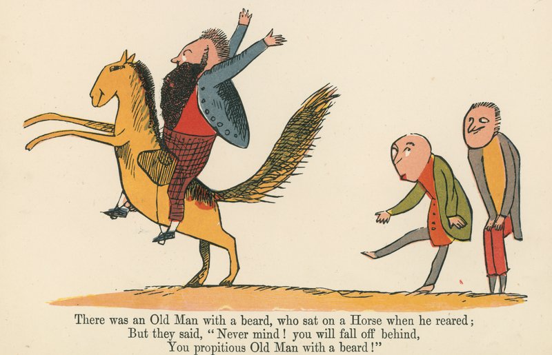 Det var en gammal man med skägg, som satt på en häst när han växte upp, från "A Book of Nonsense", utgiven av Frederick Warne and Co., London, ca 1875 av Edward Lear