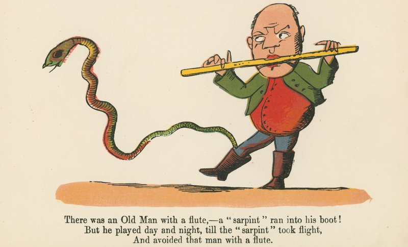 Det var en gammal man med en flöjt - en "sarpint" sprang in i hans stövel!, från "A Book of Nonsense", utgiven av Frederick Warne and Co., London, ca 1875 av Edward Lear