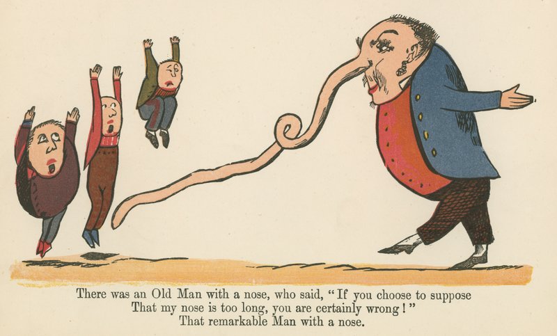 Det fanns en gammal man med en näsa som sa: "Om du väljer att anta", från "A Book of Nonsense", utgiven av Frederick Warne and Co. i London, ca 1875. av Edward Lear