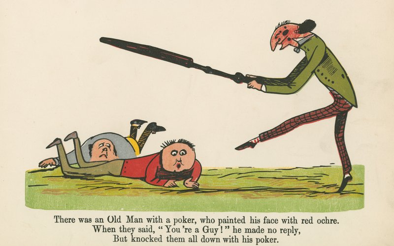 Det var en gammal man med en poker, som målade sitt ansikte med röd ockra, från "A Book of Nonsense", utgiven av Frederick Warne and Co., London, ca 1875 av Edward Lear