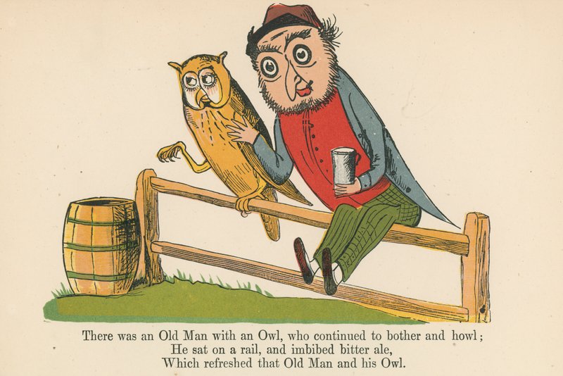 Det var en gammal man med en uggla, som fortsatte att bry sig och tjuta, från "A Book of Nonsense", utgiven av Frederick Warne and Co., London, ca 1875 av Edward Lear