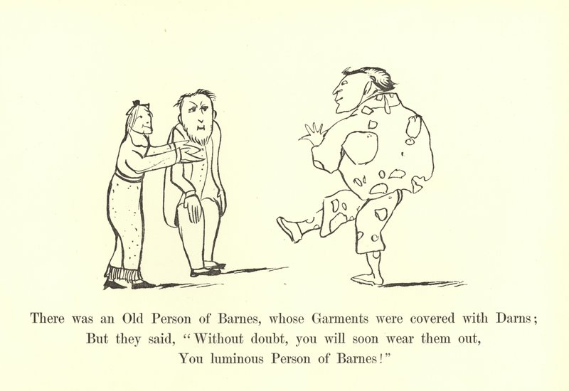 Det fanns en gammal person från Barnes, vars kläder var täckta med darns av Edward Lear