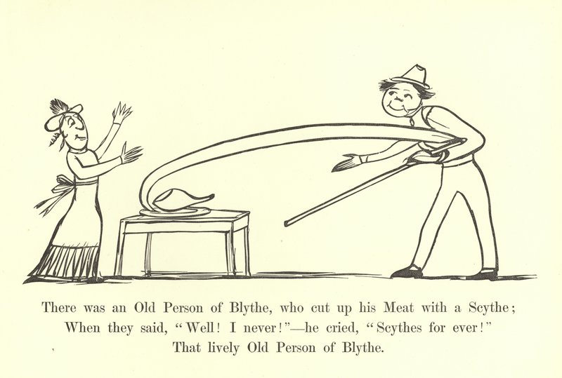 Det fanns en gammal person i Blythe som skar upp sitt kött med en lie. av Edward Lear