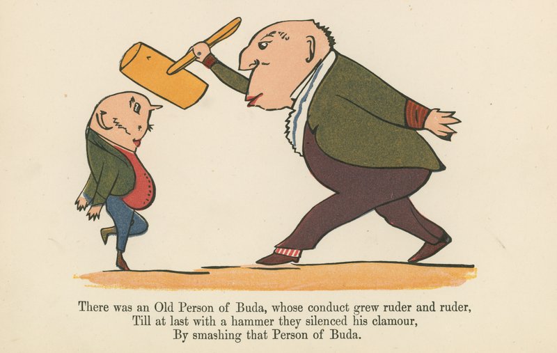 Det fanns en gammal person i Buda, vars uppförande blev allt grövre och grövre, ur "A Book of Nonsense", utgiven av Frederick Warne and Co. i London, ca 1875. av Edward Lear
