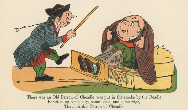 Det fanns en gammal person av Cheadle som lades i lager av Beadle, från "A Book of Nonsense", utgiven av Frederick Warne and Co., London, ca 1875 av Edward Lear