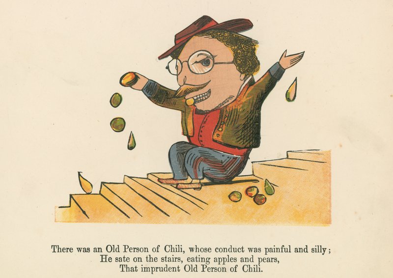 Det var en gammal person från Chili, vars beteende var smärtsamt och fånigt, från "A Book of Nonsense", utgiven av Frederick Warne and Co., London, ca 1875 av Edward Lear